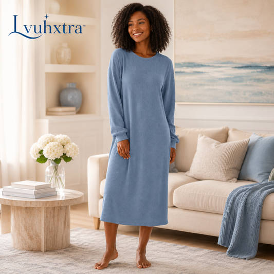 Lvuhxtra™ Soft Structure Knit Lounge Dress – Women’s Long-Sleeve Midi House Dress
